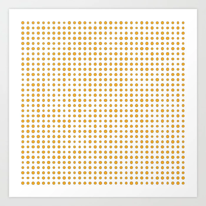 A product photo of a square art print on paper, filled with illustrations of 1024 yellow oranges.